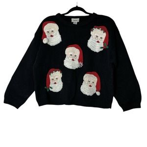 Vintage Essential Elements Women XL Black Ugly Christmas Sweater Santa‎ Knit